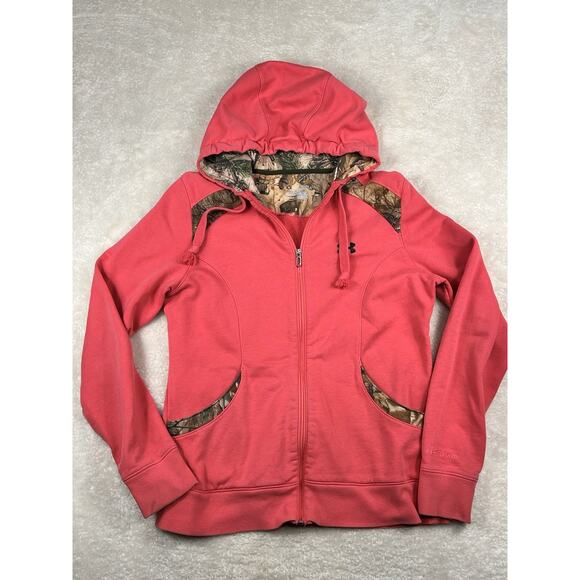 Under Armour Womens Sz XL Sweatshirt Full Zip Hoodie Pink Camo Semi Fitted - Picture 1 of 11
